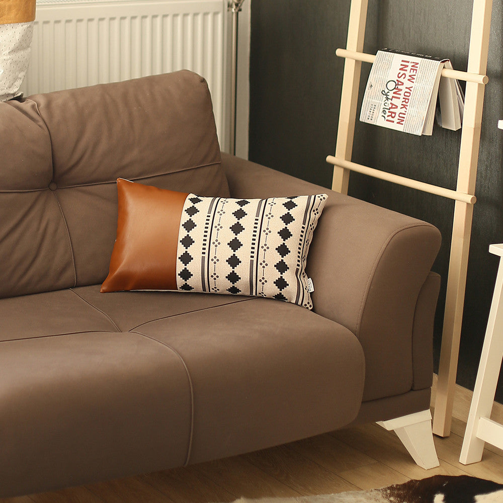 Geometric Patterns And Brown Faux Leather Lumbar Pillow Cover