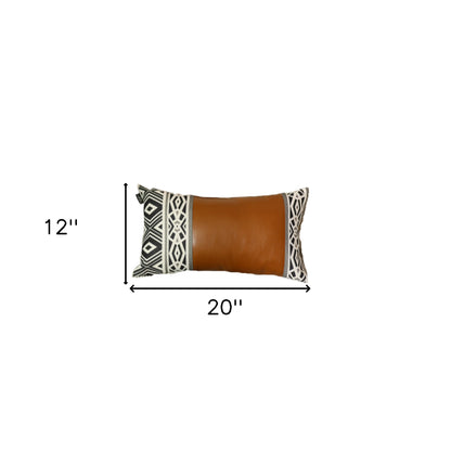 Rectangular Rustic Brown Faux Leather And Geometric Patterns Lumbar Pillow Cover