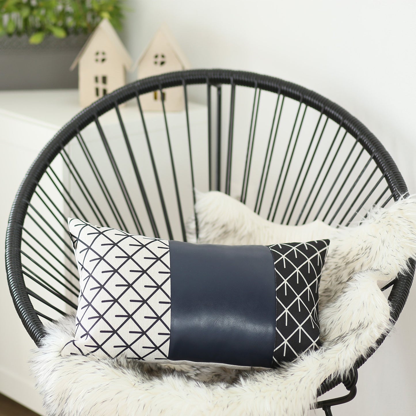 Rectangular Bohemian Lattice Pattern And Navy Blue Faux Leather Lumbar Pillow Cover