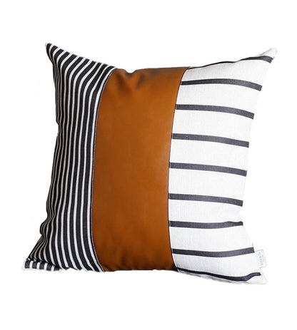 Faux Leather And Monochromatic Stripes Decorative Pillow Cover