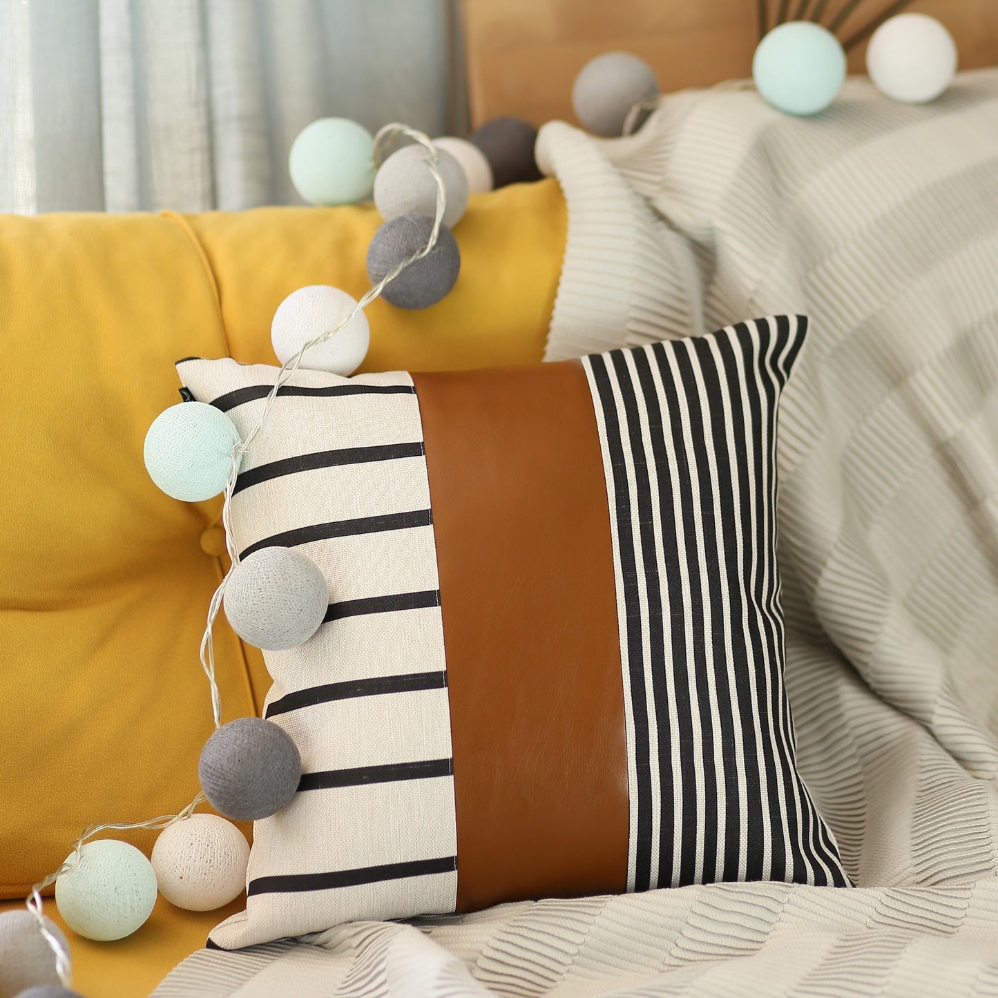 Faux Leather And Monochromatic Stripes Decorative Pillow Cover