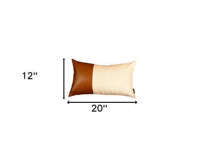 White And Brown Faux Leather Lumbar Decorative Pillow Cover