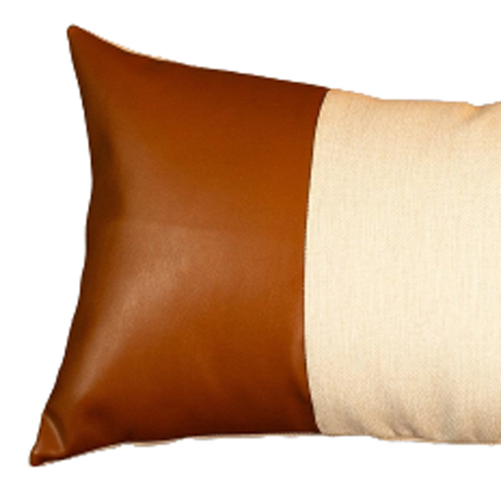 White And Brown Faux Leather Lumbar Decorative Pillow Cover