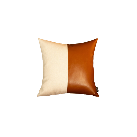 Bisected Brown And White Faux Leather Pillow Cover