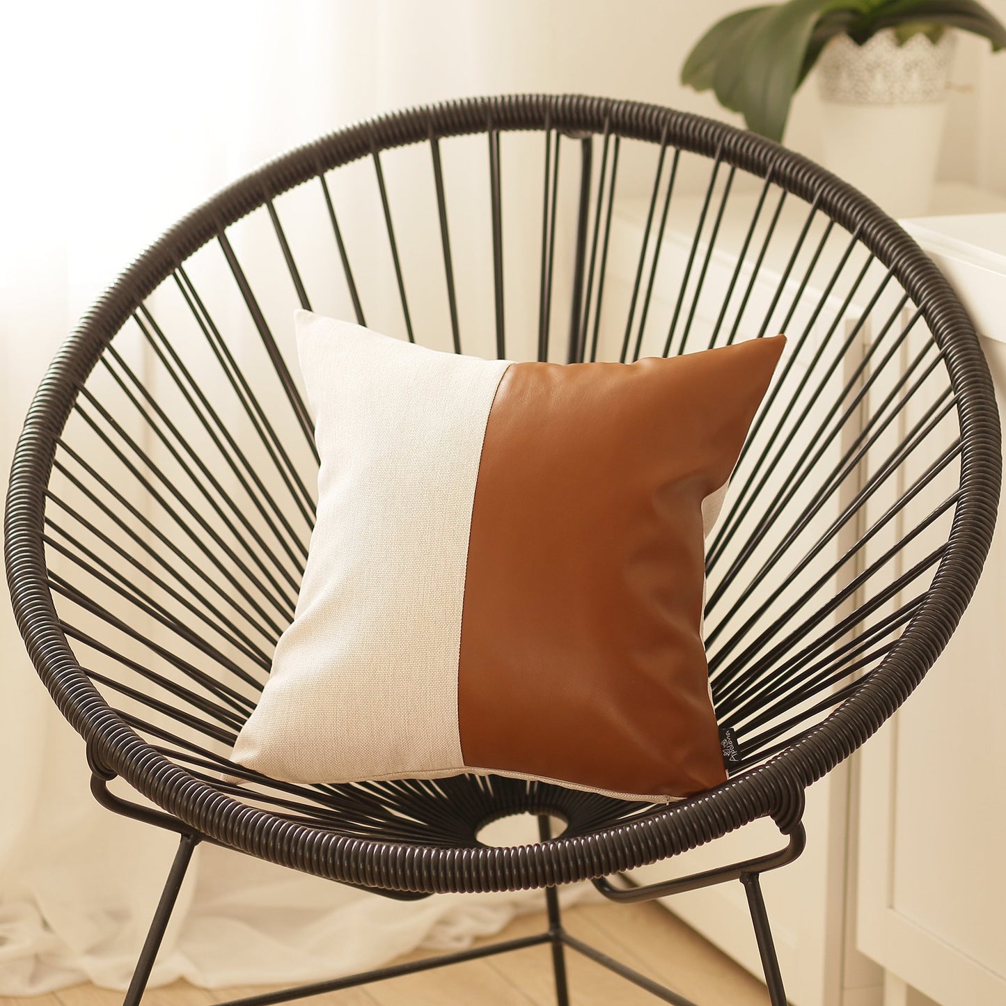 Bisected Brown And White Faux Leather Pillow Cover