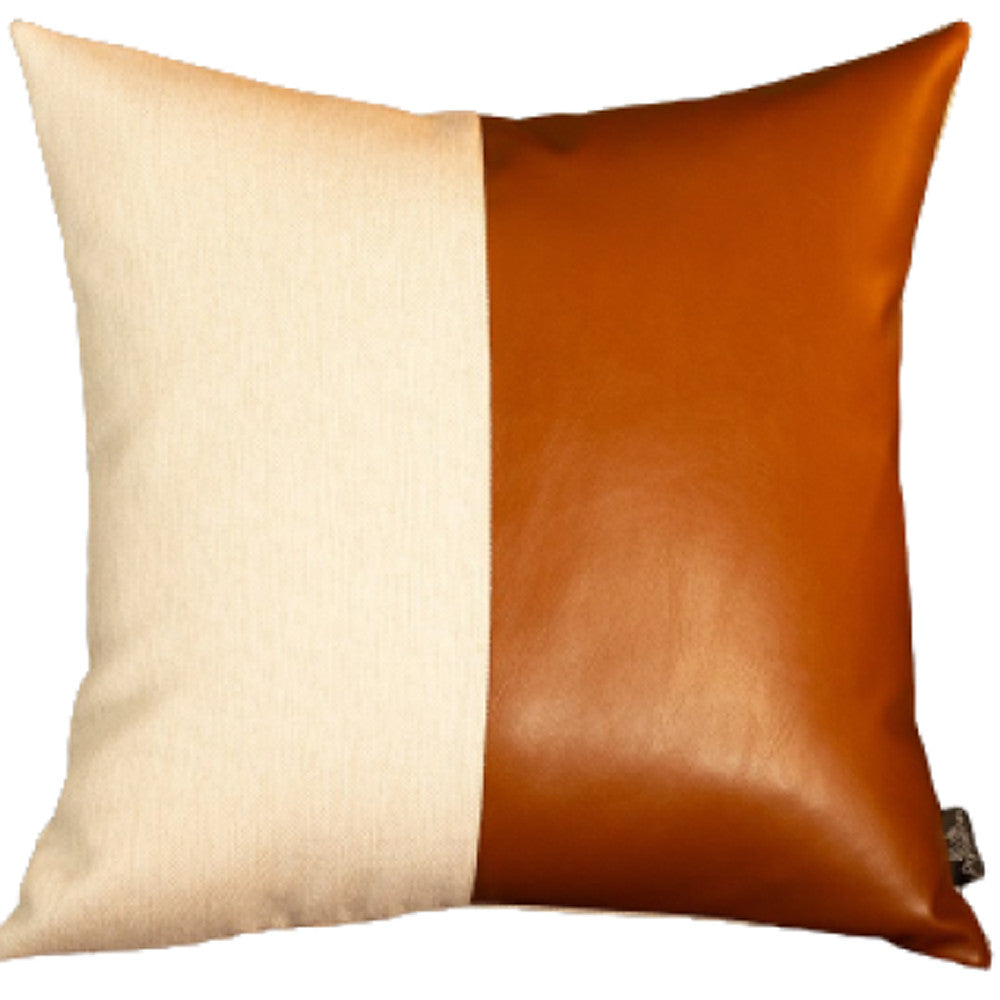 Bisected Brown And White Faux Leather Pillow Cover