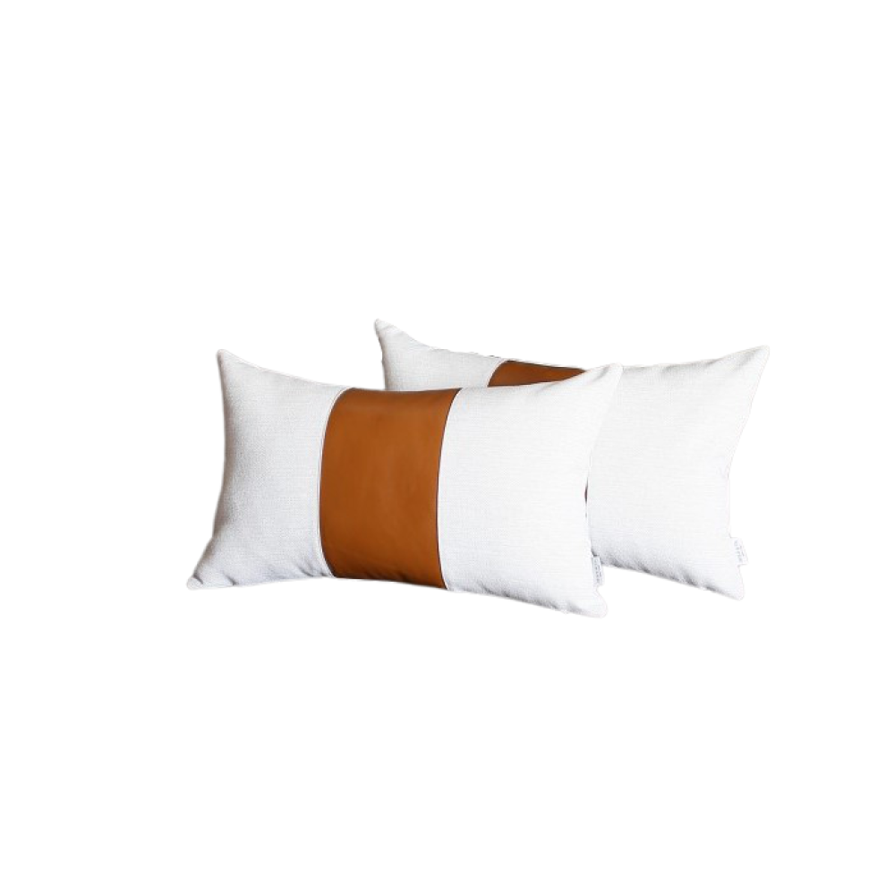 Set Of 2 Porcelain White And Center Caramel Brown Faux Leather Pillow Covers FurniFindUSA