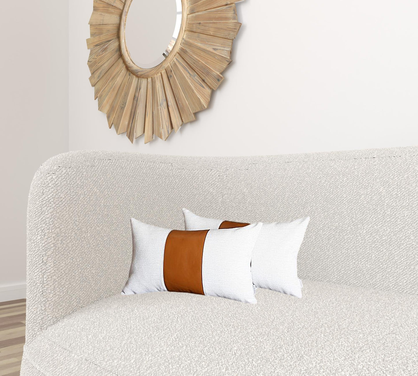 Set Of 2 Porcelain White And Center Caramel Brown Faux Leather Pillow Covers FurniFindUSA