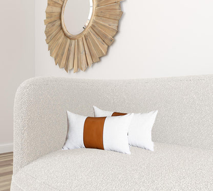 Set Of 2 Porcelain White And Center Caramel Brown Faux Leather Pillow Covers FurniFindUSA