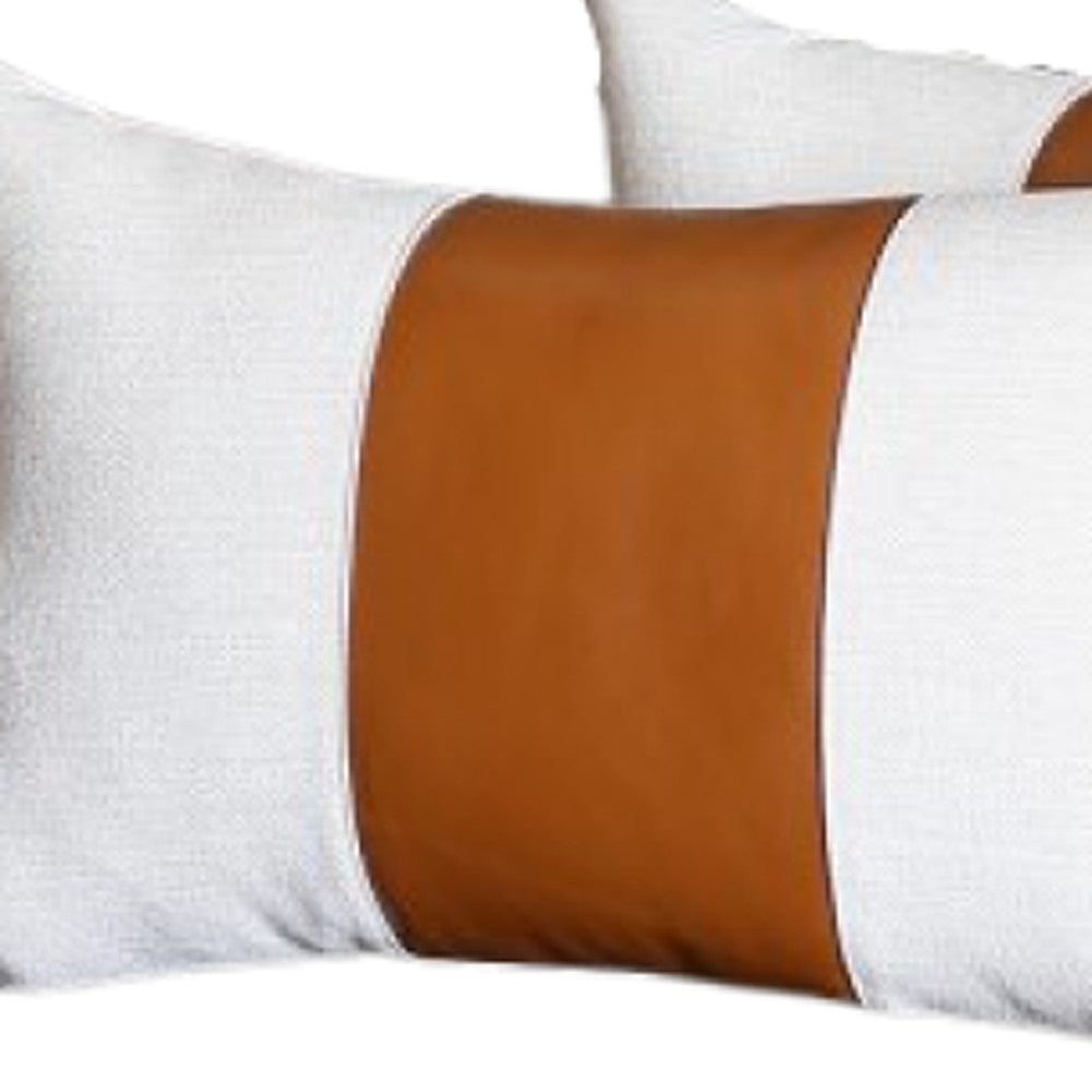 Set Of 2 Porcelain White And Center Caramel Brown Faux Leather Pillow Covers FurniFindUSA