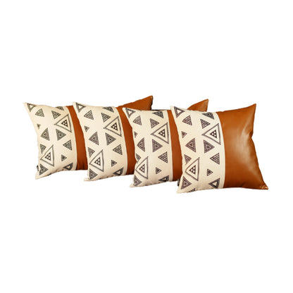 Set Of 4 Triangle And Brown Faux Leather Pillow Covers