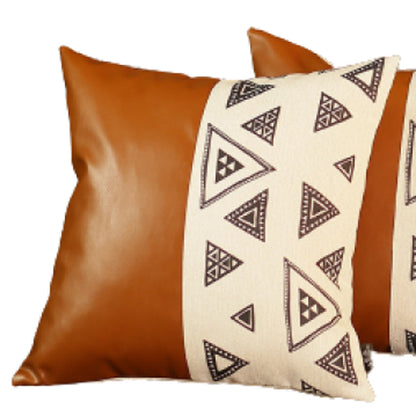 Set Of 4 Triangle And Brown Faux Leather Pillow Covers