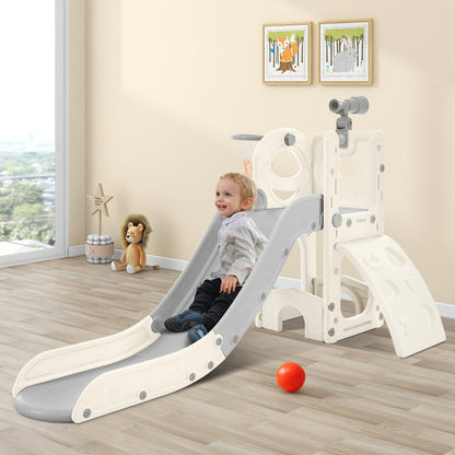 Kids Slide Playset Structure 5 in 1, Freestanding Spaceship Set with Slide, Telescope and Basketball Hoop Grey+White + HDPE - FurniFindUSA