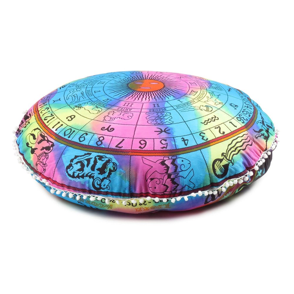 32" Blue And Pink Floor Round Horoscope Throw Pillow Cover with Pompoms — view 1