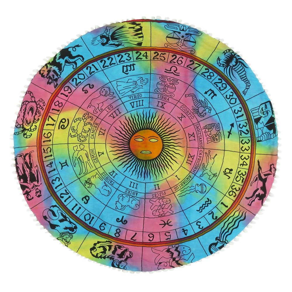 32" Blue And Pink Floor Round Horoscope Throw Pillow Cover with Pompoms — view 2
