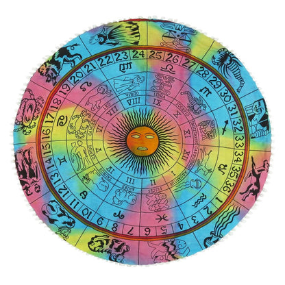 32" Blue And Pink Floor Round Horoscope Throw Pillow Cover with Pompoms