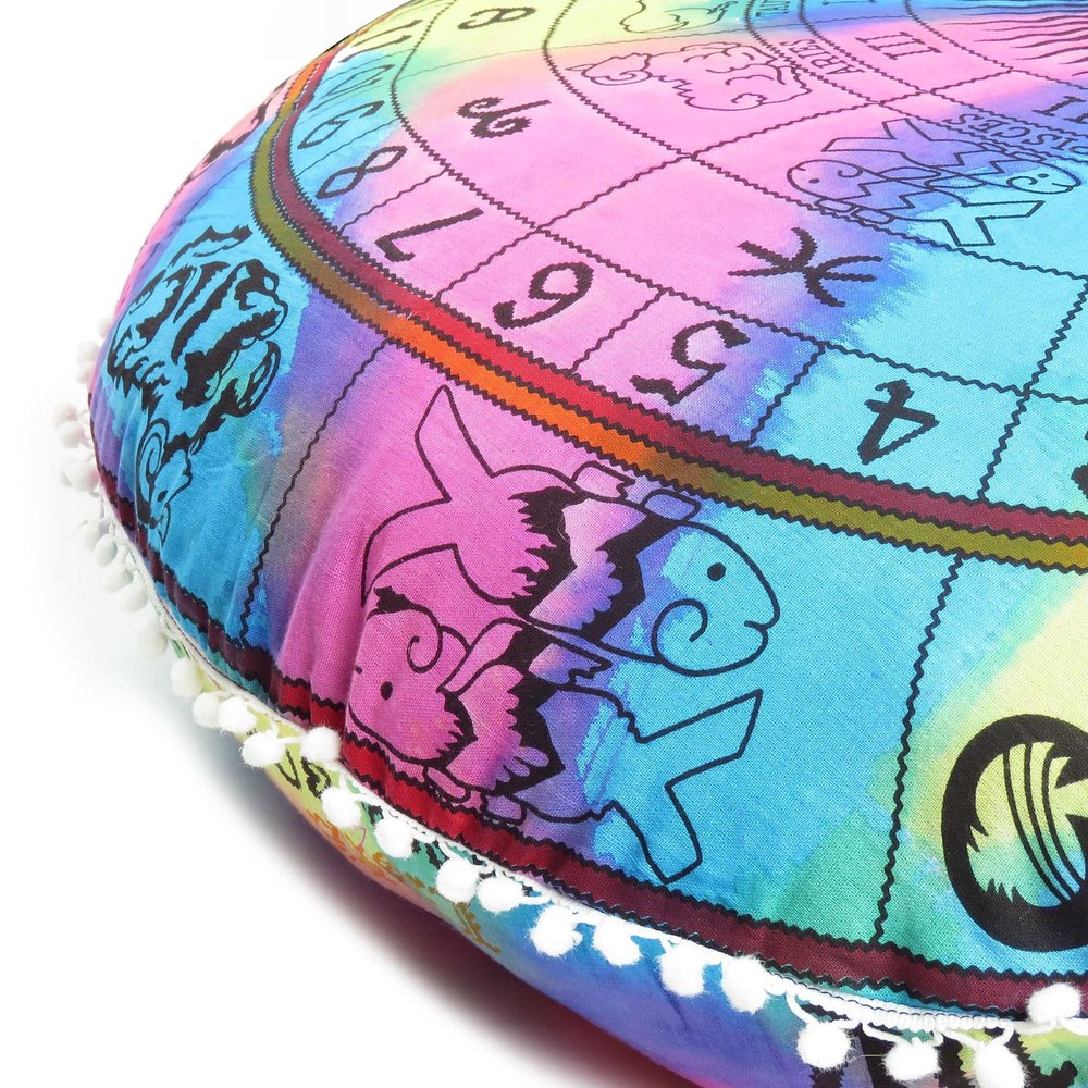 32" Blue And Pink Floor Round Horoscope Throw Pillow Cover with Pompoms — view 3