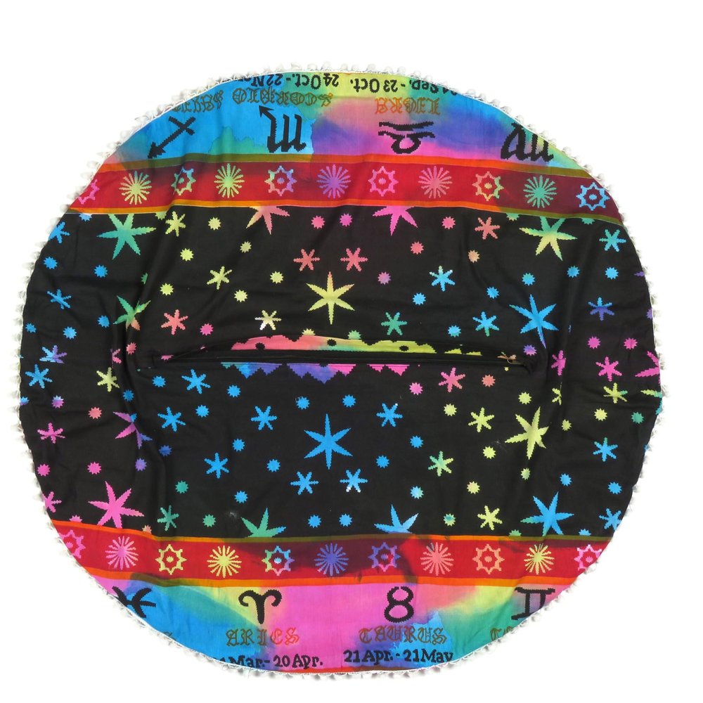 32" Blue And Pink Floor Round Horoscope Throw Pillow Cover with Pompoms — view 4