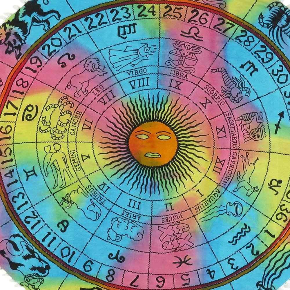 32" Blue And Pink Floor Round Horoscope Throw Pillow Cover with Pompoms — view 5