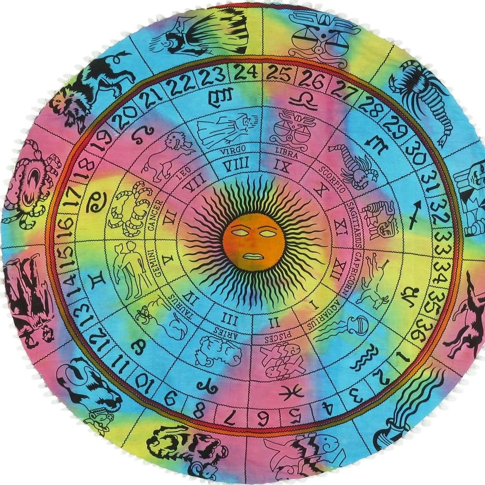 32" Blue And Pink Floor Round Horoscope Throw Pillow Cover with Pompoms — view 6