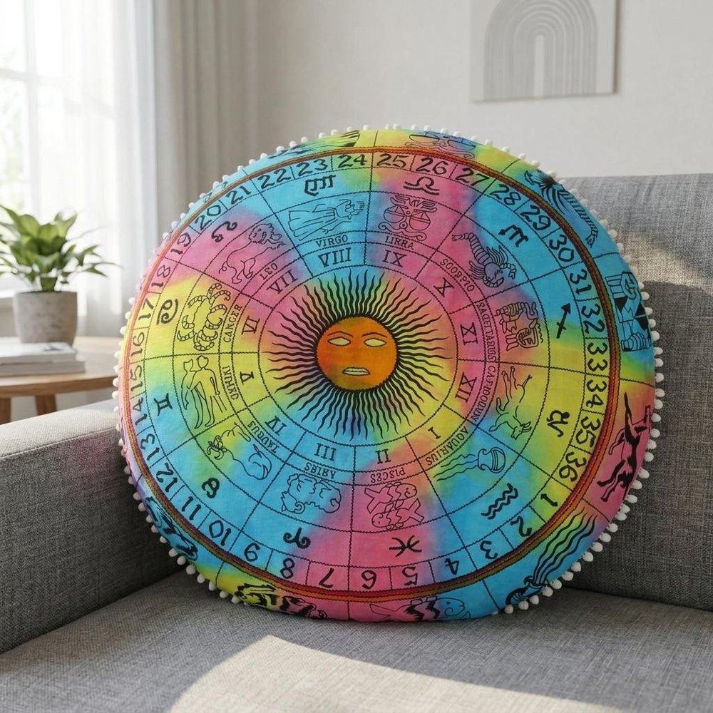 32" Blue And Pink Floor Round Horoscope Throw Pillow Cover with Pompoms — view 8