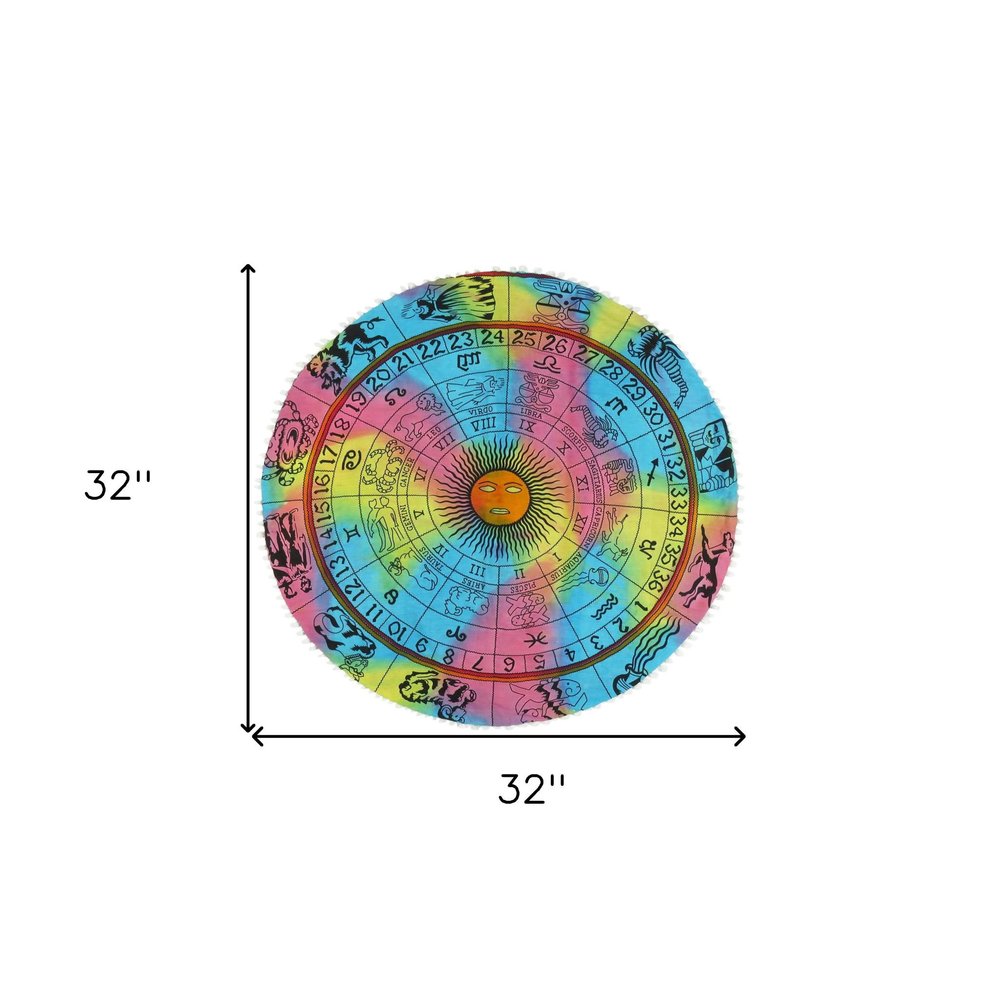 32" Blue And Pink Floor Round Horoscope Throw Pillow Cover with Pompoms — view 7