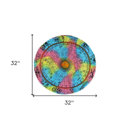 32" Blue And Pink Floor Round Horoscope Throw Pillow Cover with Pompoms