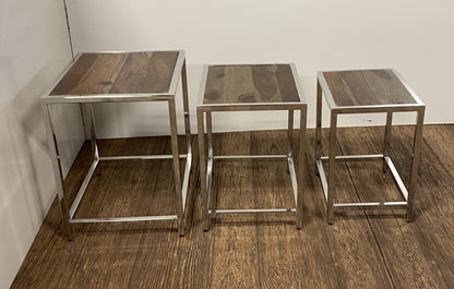 Set of Three 21" Silver And Brown Solid Wood Nested Tables