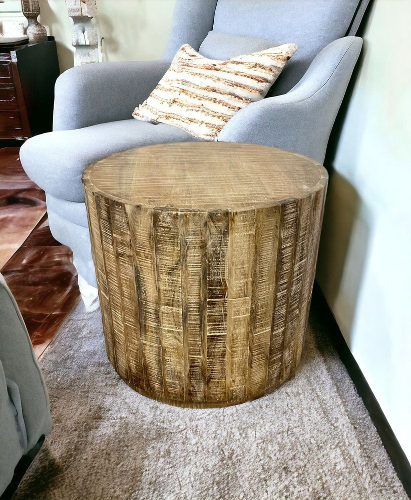 20" Natural Distressed Solid Wood Round Drum End Table HomeRoots