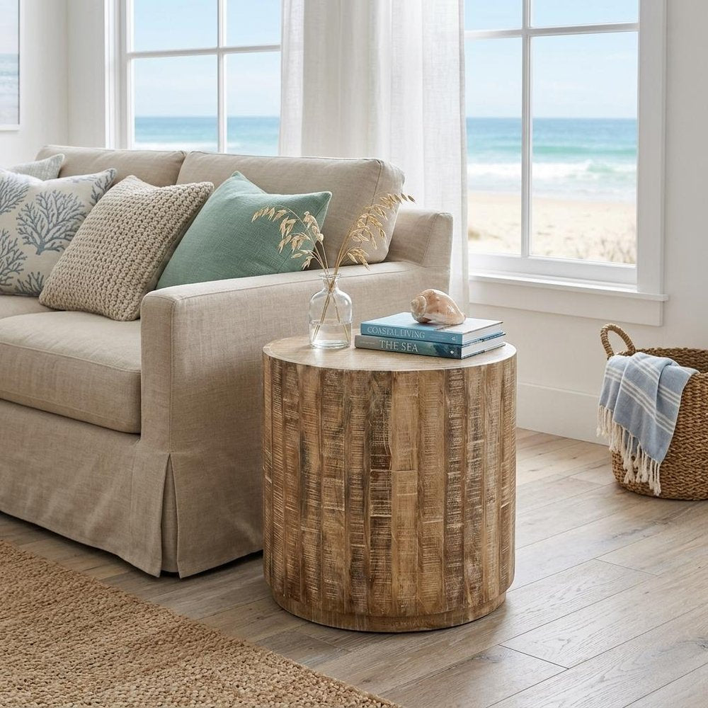 20" Natural Distressed Solid Wood Round Drum End Table HomeRoots
