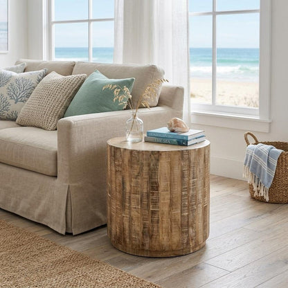 20" Natural Distressed Solid Wood Round Drum End Table HomeRoots