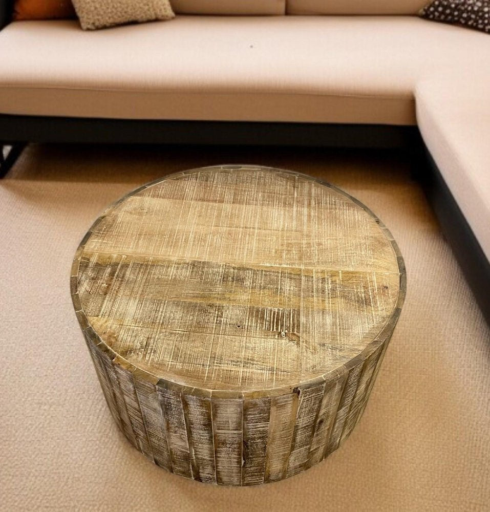 32" Brown Solid Wood Round Distressed Drum Coffee Table HomeRoots