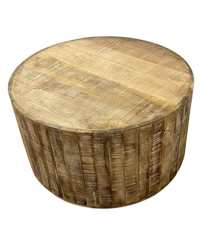 32" Brown Solid Wood Round Distressed Drum Coffee Table HomeRoots