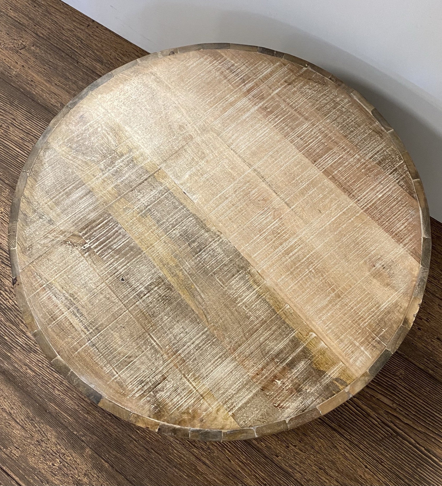 32" Brown Solid Wood Round Distressed Drum Coffee Table HomeRoots