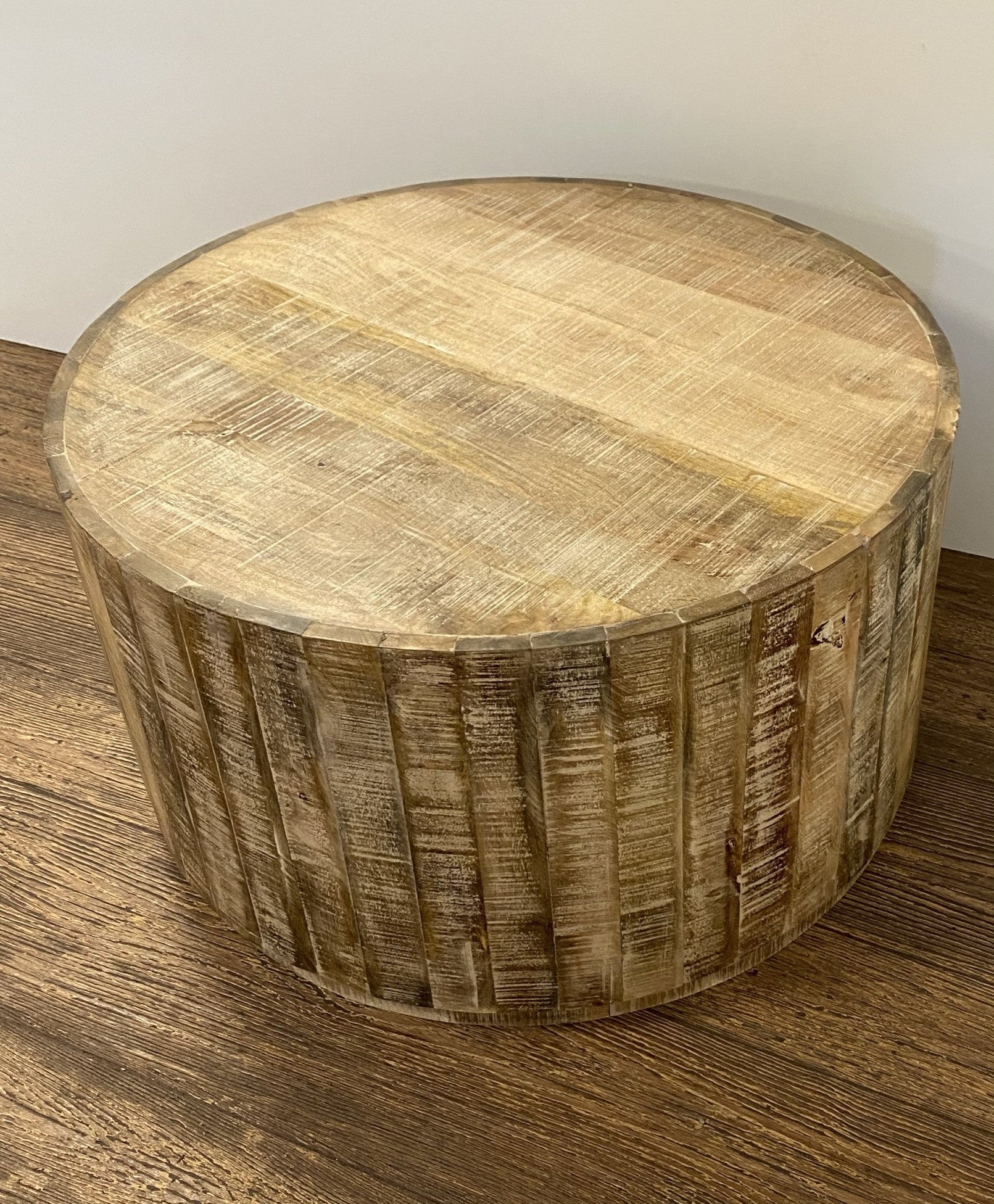 32" Brown Solid Wood Round Distressed Drum Coffee Table HomeRoots