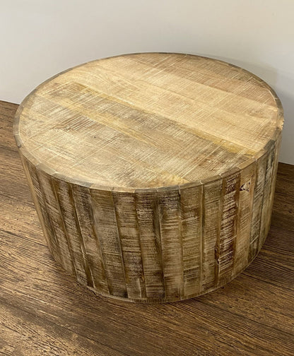 32" Brown Solid Wood Round Distressed Drum Coffee Table HomeRoots