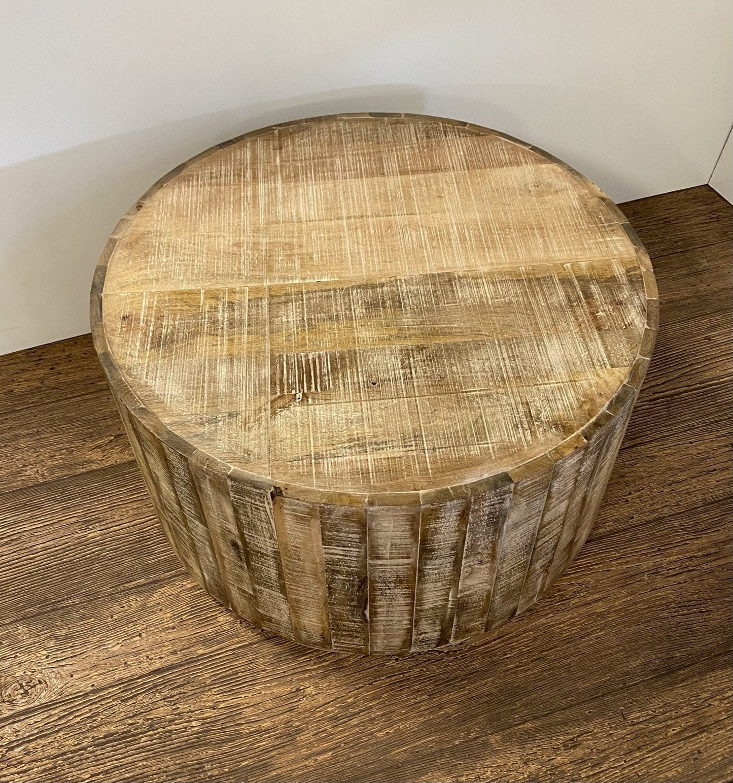 32" Brown Solid Wood Round Distressed Drum Coffee Table HomeRoots