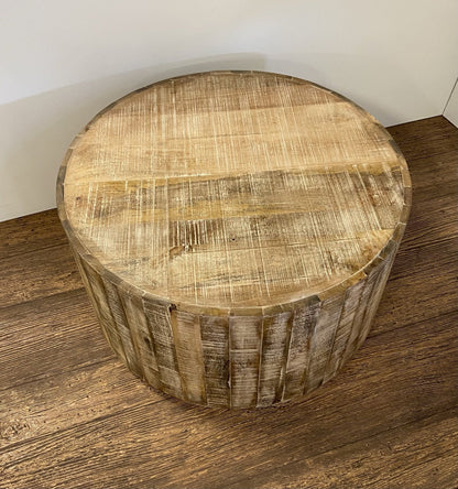 32" Brown Solid Wood Round Distressed Drum Coffee Table HomeRoots