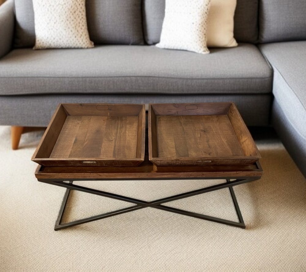27" Brown And Black Solid Wood Cross Legs Coffee Table HomeRoots