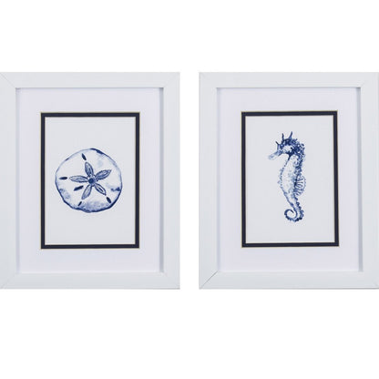 Set Of Two 11" x 9" Blue And White Beach Icons Wall Art