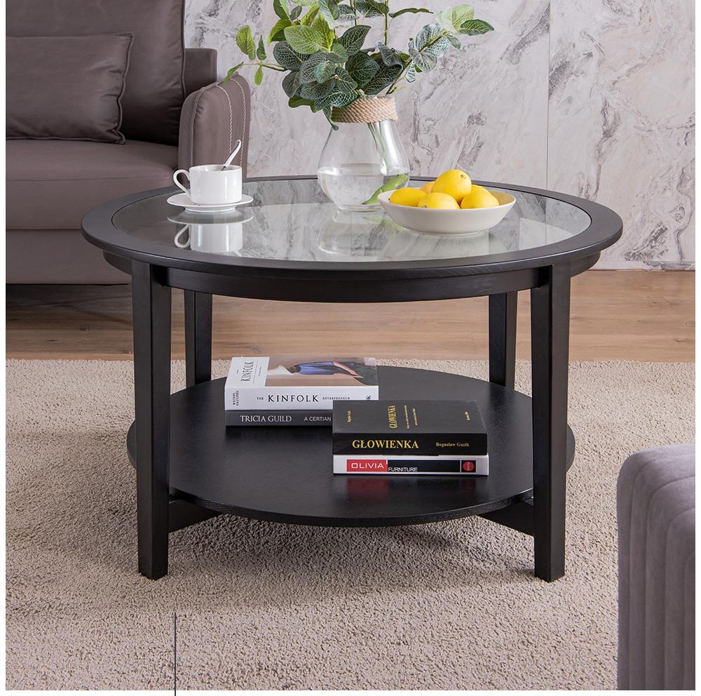 Modern Solid wood round coffee table with tempered glass top black color-36" - FurniFindUSA