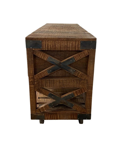 18" Brown and Black Solid Wood Distressed Wheel Console Table With Shelves And Drawers HomeRoots