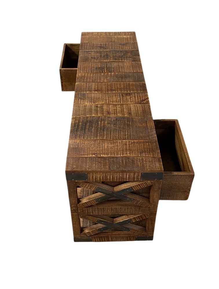 18" Brown and Black Solid Wood Distressed Wheel Console Table With Shelves And Drawers HomeRoots