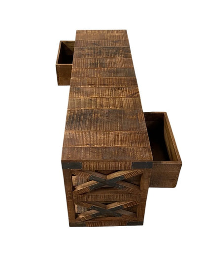 18" Brown and Black Solid Wood Distressed Wheel Console Table With Shelves And Drawers HomeRoots