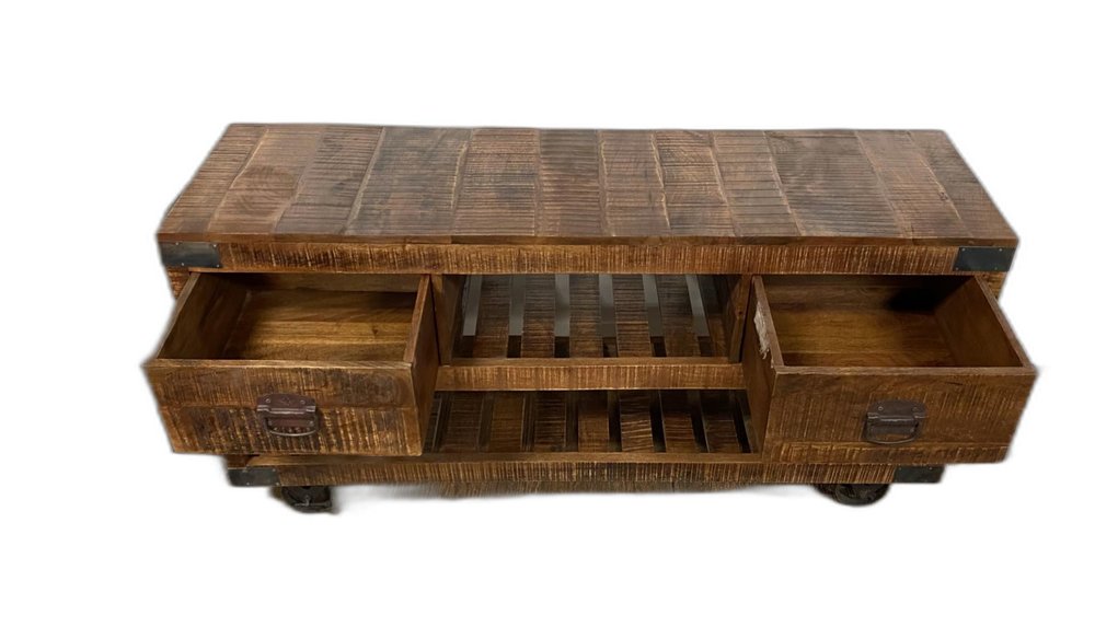 18" Brown and Black Solid Wood Distressed Wheel Console Table With Shelves And Drawers HomeRoots