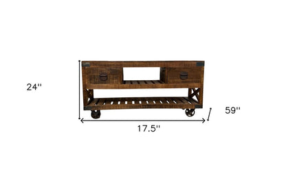 18" Brown and Black Solid Wood Distressed Wheel Console Table With Shelves And Drawers HomeRoots