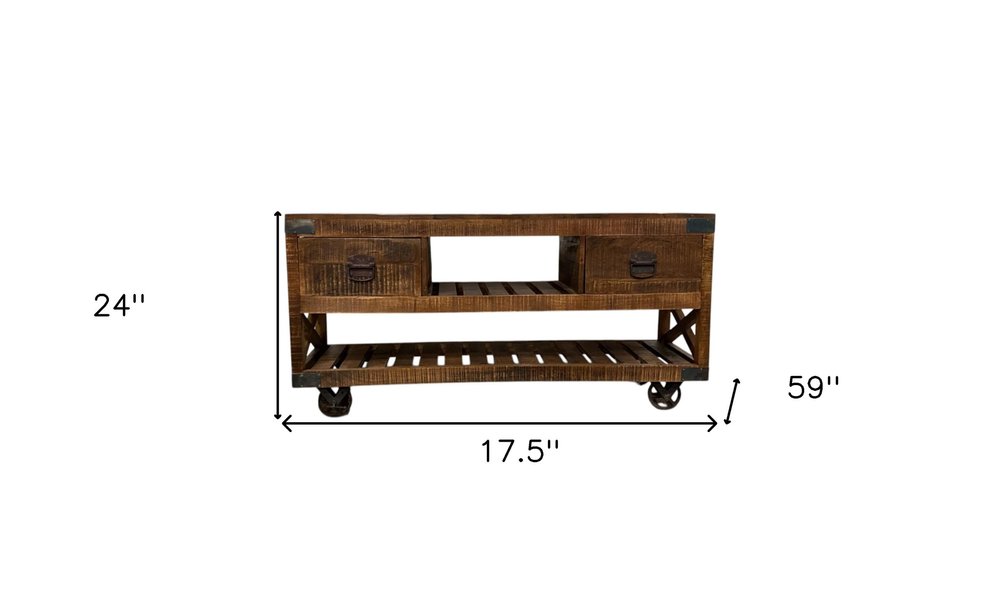 18" Brown and Black Solid Wood Distressed Wheel Console Table With Shelves And Drawers HomeRoots