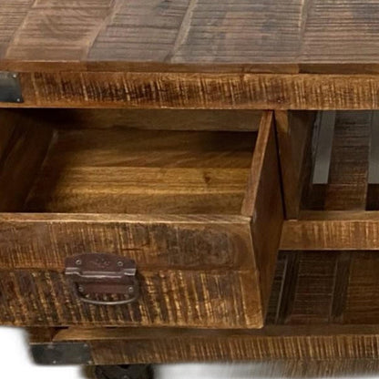 18" Brown and Black Solid Wood Distressed Wheel Console Table With Shelves And Drawers HomeRoots