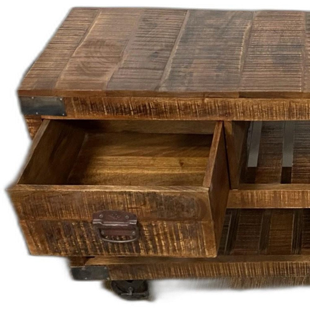 18" Brown and Black Solid Wood Distressed Wheel Console Table With Shelves And Drawers HomeRoots