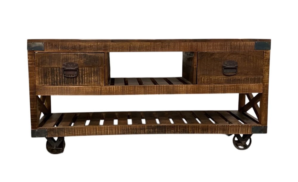 18" Brown and Black Solid Wood Distressed Wheel Console Table With Shelves And Drawers HomeRoots